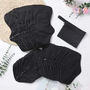 Black Snaps Reusable Sanitary Menstrual Pads, Bamboo Cloth Pads for Heavy Flow Large Sanitary Pads Set with Wings for Women, Washable Overnight Cloth Panty Liners Period Pads