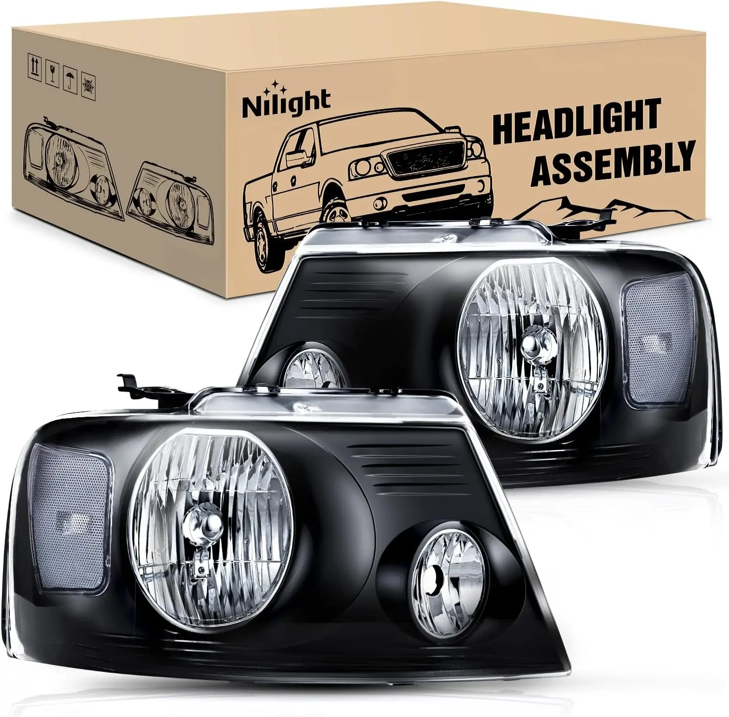 Nilight Headlight Assembly for 2004 2005 2006 2007 2008 Ford F150 Pickup /2006-2008 Lincoln Mark LT Passenger Driver Side Black Housing Clear Reflector Lens Headlamp Replacement, Car Headlights