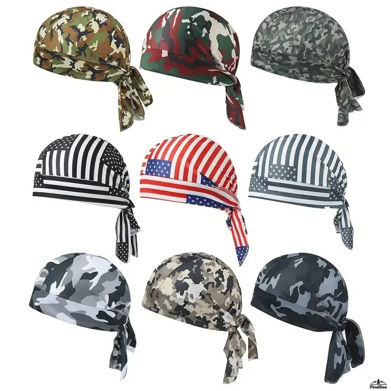 Men's 9Pcs Mix Camo & American Flag Doo Rags - Breathable, Moisture-Wicking, Lightweight Elastic Skullcap Sports & Outdoor Hats for Athletic, Motorcycling, Adjustable Stylish Sun Protection Head Wraps, Workout, Outdoor Sports, Breathable Cap, Mix Of Camou