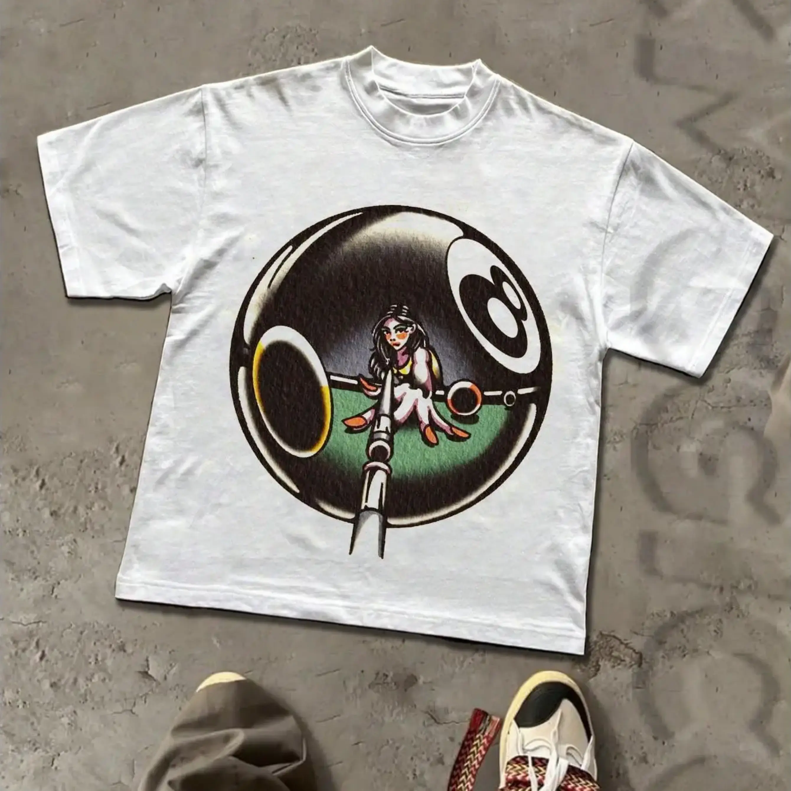 Women's Vintage 8-Ball Pin-Up Girl Graphic Cotton T-Shirt, Retro Billiards Tattoo Style Round Neck Short-Sleeve Tops, Trendy White Casual Unisex Summer Crewneck Tee, Shortsleeve, Crew Neck