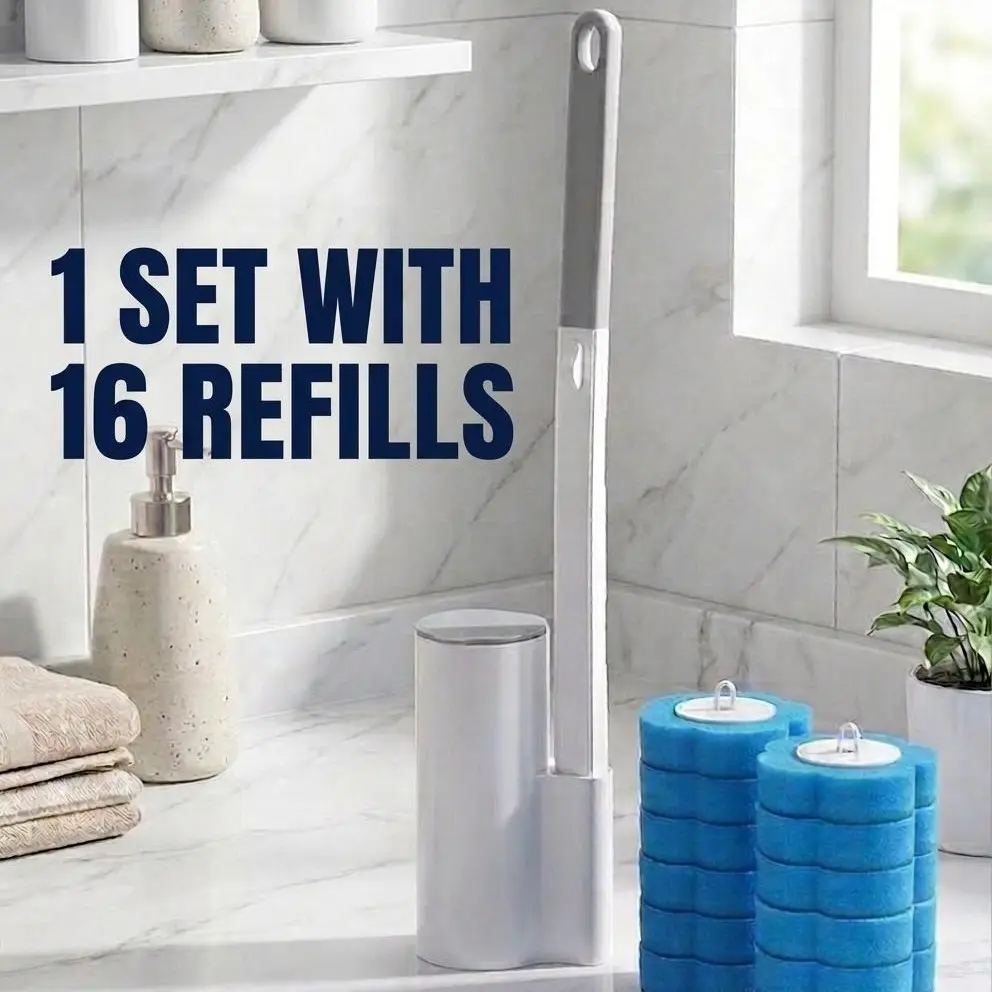 Disposable Toilet Scrubber Brush & Holder Set - Toilet Cleaning System with 16 Cleaner Pad Refills, Hygienic No-Click-On/Eject Design for Efficient Bathroom Cleaning