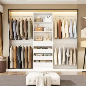 75''-115'' W Adjustable Closet System with 4 Wooden Drawers and 4 Hanging Rods, Modern Sturdy 4-9FT Walk-in Closet Organizer with Strorage Shelve