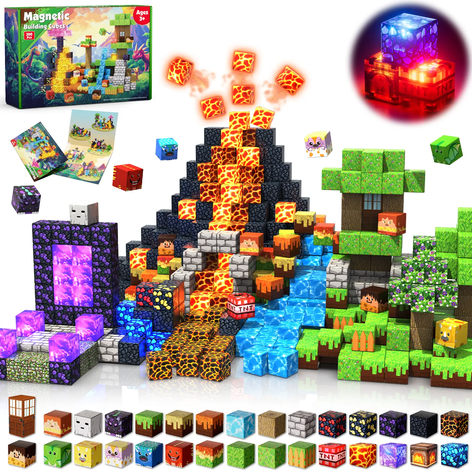 300 PCS 0.8inch Magnetic Blocks with Light Blocks - Easter Toys for Kids, Boys and Girls, Magnetic Building Blocks Cubes, Stacking Magnets, Birthday Gifts for Boys and Girls Age 3+ Years Old Summervibes,summerwins