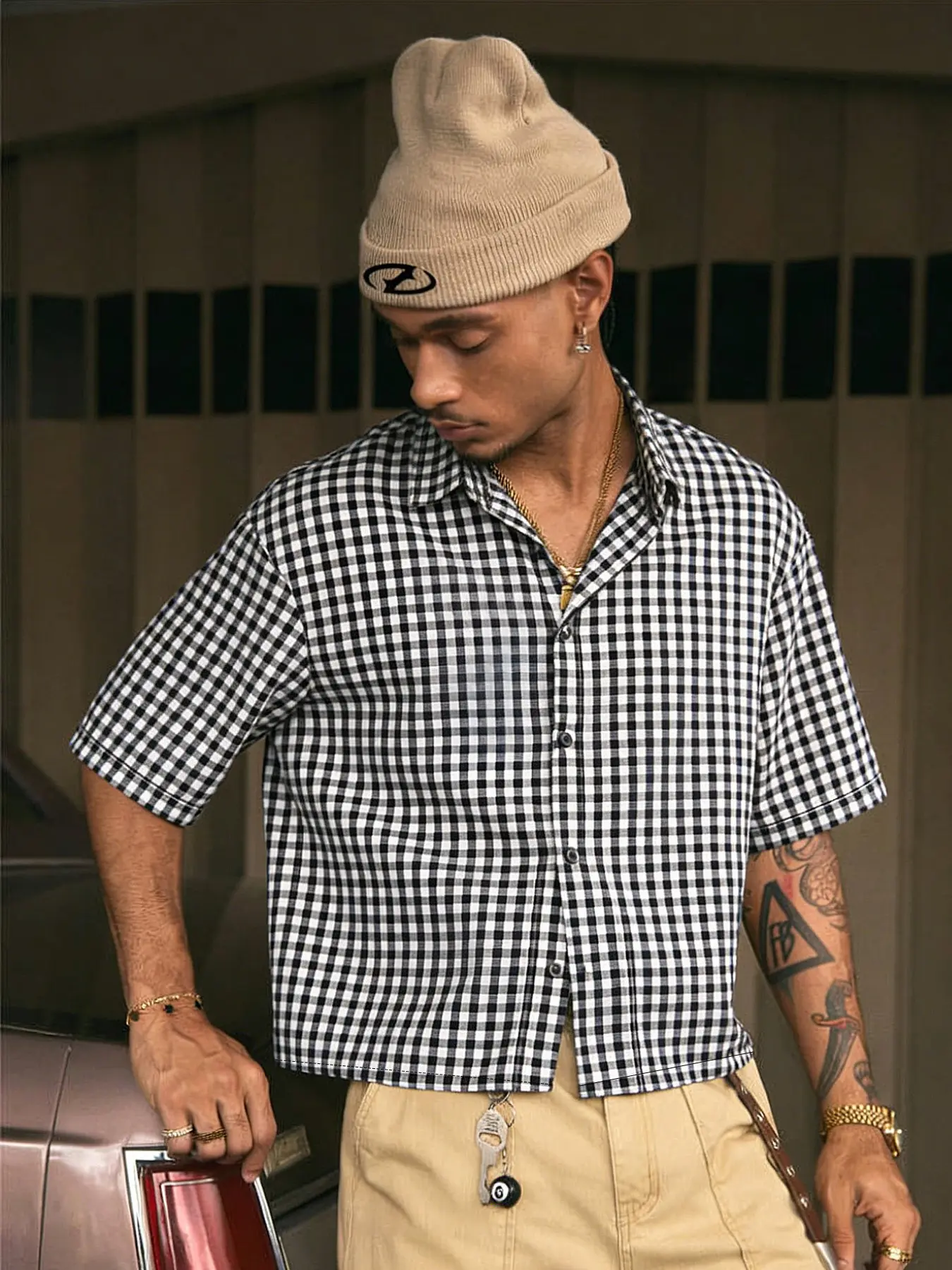 Men's American Vintage Classic Plaid Gingham Checkered Short Sleeve Collared Shirt, Summer Daily Casual Wear, Fitted Short Length, Perfect for Relaxing