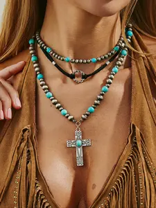 Vintage Ethnic Turquoise Cross Pendant Design Necklace Set, 3 Piece Casual Style, All Seasons Jewelry, No Choking Hazard, Reprotoxic Certified