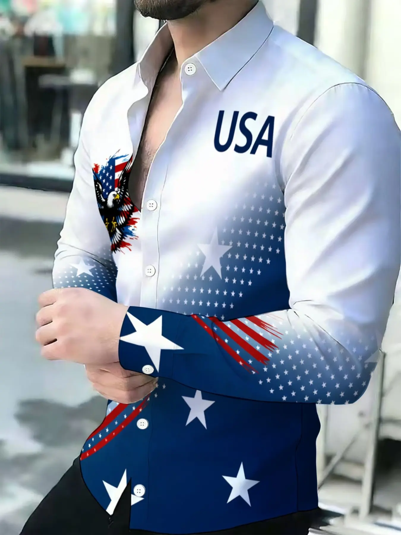 Men's American Flag Eagle USA Print Breathable Collared Long Sleeve Casual Shirt Cardigan