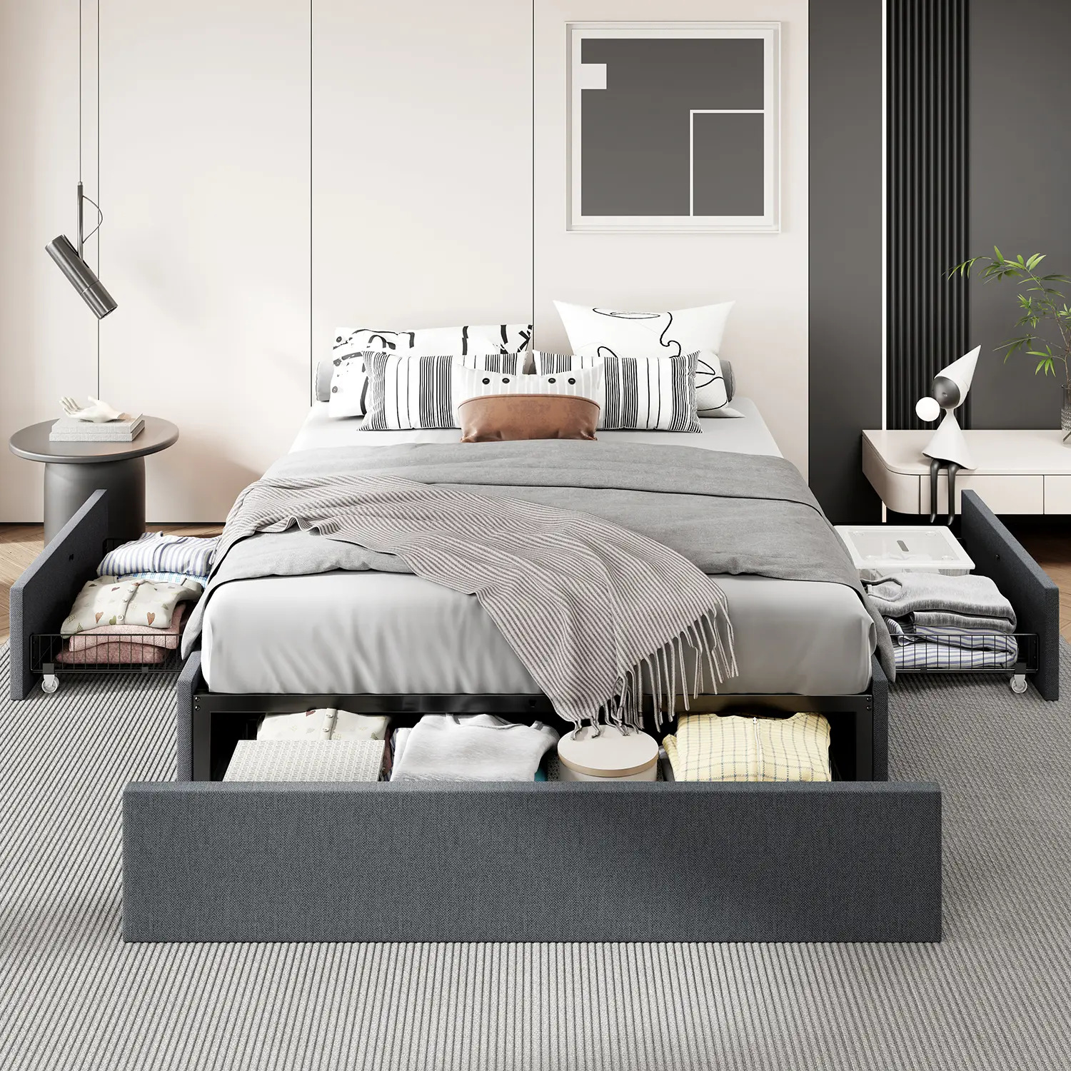 HOOMIC Upholstered Platform Bed Frame【Frame Only No Mattress】with 3 Storage Drawers,No Fixed Headboard Design,Wooden Slats,No Box Spring Needed, Noises Free,Full/Queen Size#TikTokShopDealsforYouDays#DealsforYouDays#Summervibes#Summergarden