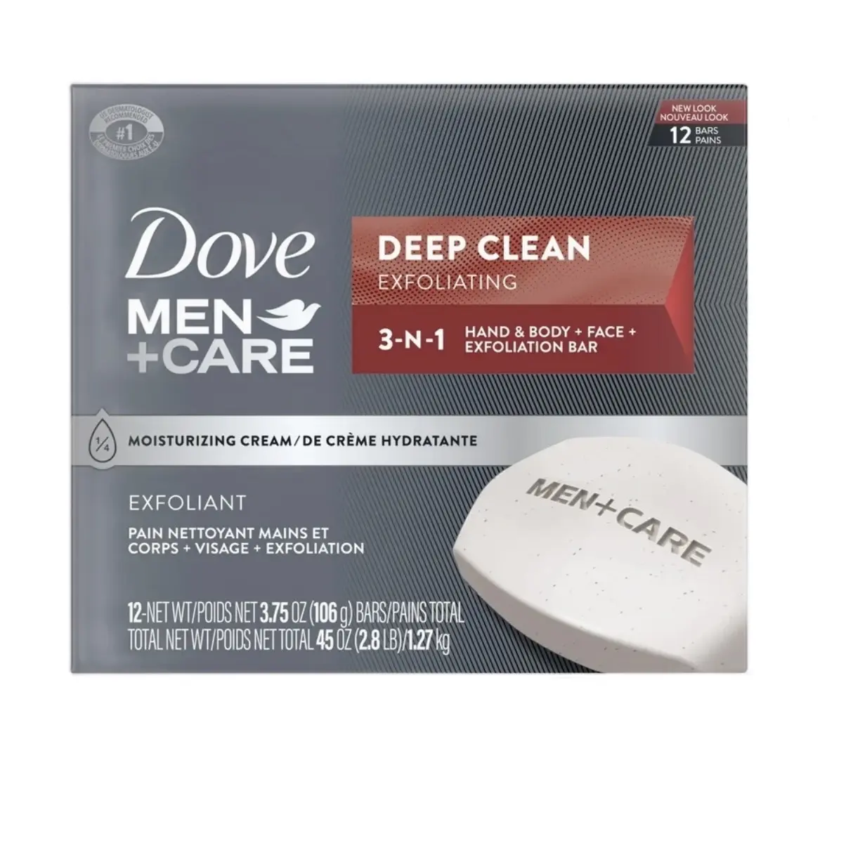 Dove Men+Care Deep Clean 3-in-1 Bath Bars, Gentle Exfoliating Body and Face Cleanser for Dry Skin, 3.75 oz, 12 Pack, Body Care, Bath Soap Bars, Cleansing