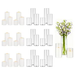fathersdaygift VEVOR Pillar Candles and Glass Vases Set 36 Pcs, Clear Cylinder Hurricane Candle Holders for Wedding Centerpieces, Tall Vase for Table Decor, Wedding Party, Thanksgiving, White (3.4x 4.7, 7.1, 9.8)
