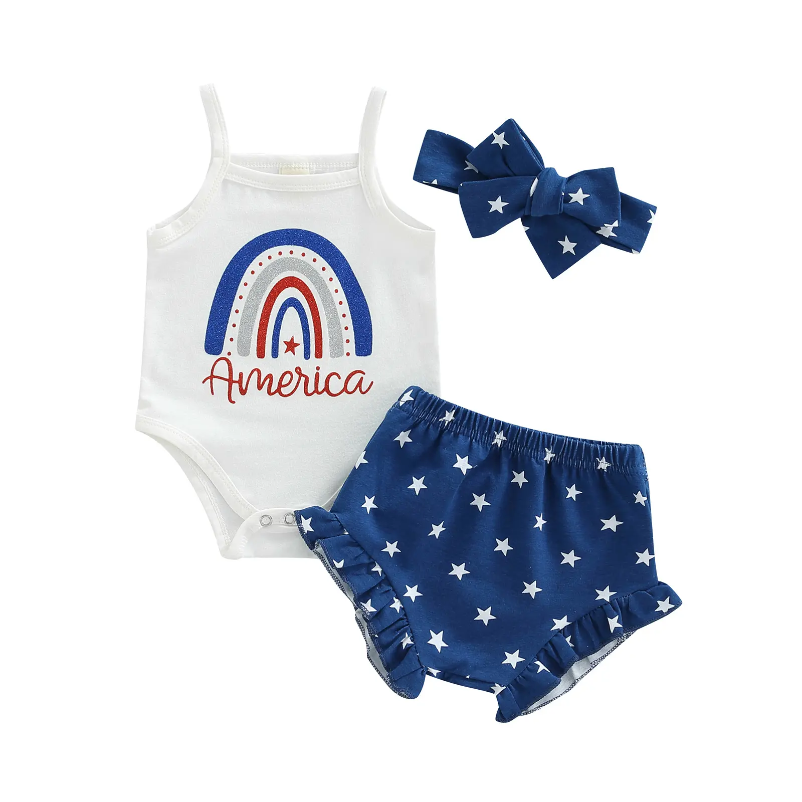 3Pcs Newborn Baby Girls Clothes Infant Sleeveless Rainbow Printed Romper + Stars Ruffle Bloomers + Headband Summer Rainbow Outfits