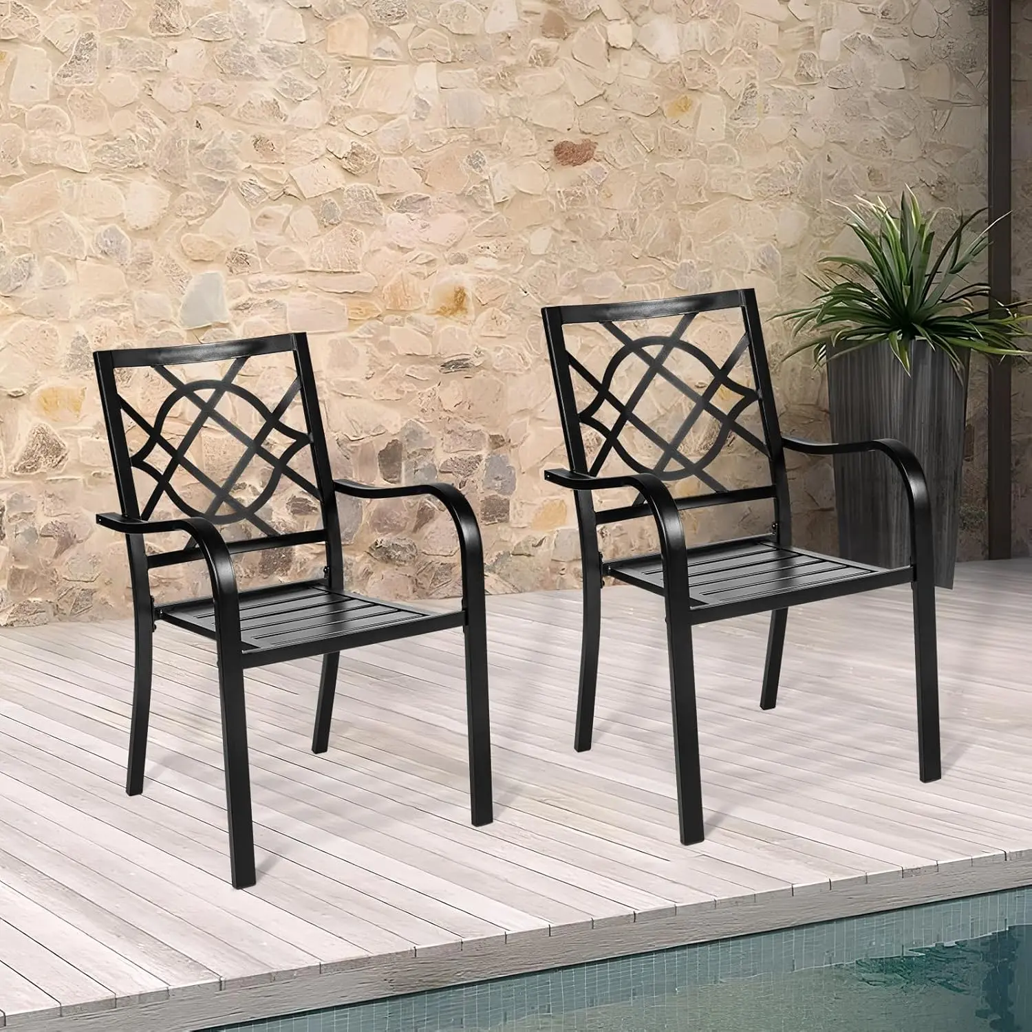 Intergreat 2 Pieces Wrought Iron Black Chairs 300 Lbs Outdoor Dining Chairs, Patio Metal Stackable Chair with Armrest for Backyard, Garden, Poolside#Summervibes