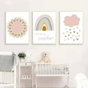 3 Pieces Kids Pink Sun Clouds Rainbow Art Prints, Nordic Childlike Wall Mural, Dreamy Sweet Home Decor, Kids Gallery Art, Soft Tone Painting, Wall Decor for Kids Room and Nursery, Framed or Unframed.