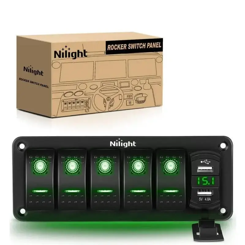 Nilight 5-Gang Aluminum 5-Pin Green ON/OFF Rocker Switch Panel with 4.8A Dual USB Charger & Voltmeter, Automotive Rockerswitch for Trucks, Cars