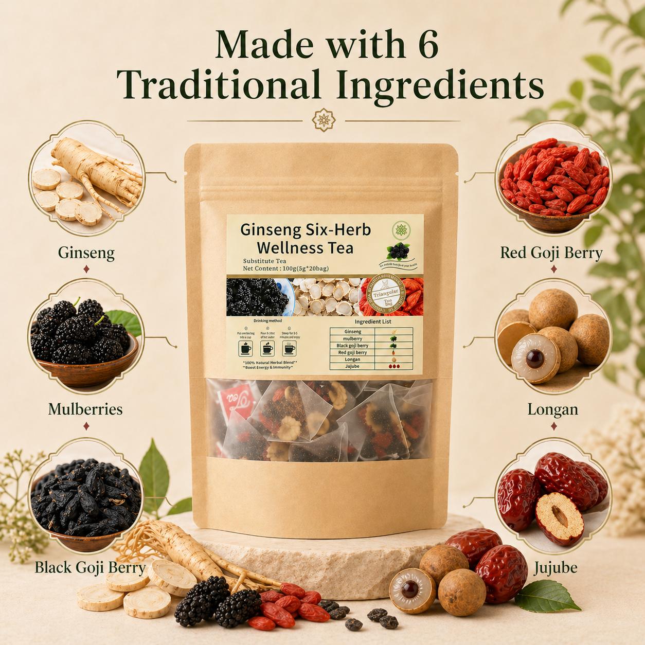Organic Turmeric Ginseng 6-Treasures Herbal Wellness Tea Blend - Natural Kidney Cleanse Beverage with Tea Bags for Men & Women