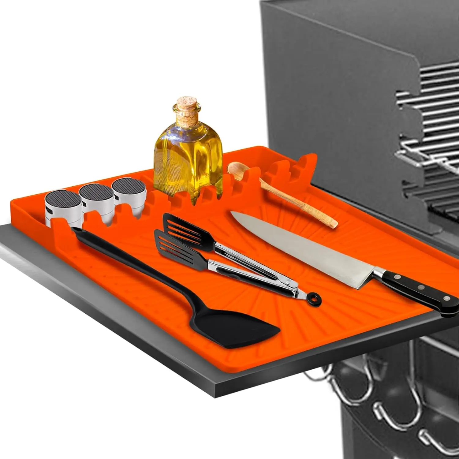 Large Silicone Grill Mat with Drip Pad, Heat Resistant Spatula Holder for Blackstone Side Shelf & Outdoor Kitchen Countertop, Reusable Griddle Accessories for BBQ Enthusiasts and Home Cooks