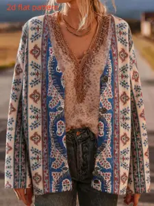 Women's V-Neck Long Sleeve Cardigan, Floral Pattern Digital Print, Fashionable Fall Winter Top, Trendy Ladies' Thin Sweater Coat