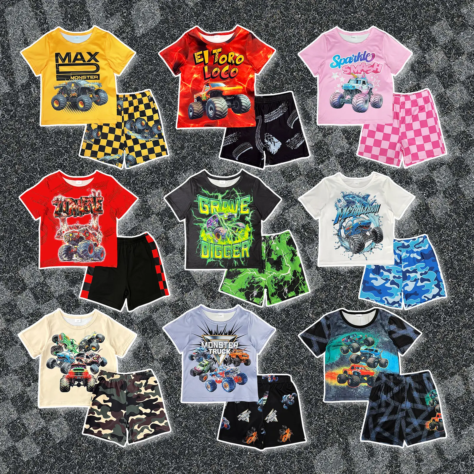 Monster Trucks Outfit For 9m-6y Boys Pattern Print Long Sleeve Casual Tee Elastic Shorts 2Pcs Summer Boys Outfit 224050117 Birthday Party outdoorfun Combined Set Clothes Kids Original Set Go Out Sets