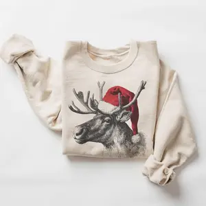 Retro Christmas Reindeer Wearing Santa Hat Vintage Caribou Wildlife Unisex Sweatshirt
