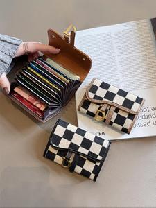 women's fashionable checkerboard pattern card holder, casual versatile d-buckle card holder, trendy all-match short wallet for daily use