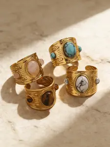 Bohemian Natural Stone Open Ring, Three Stone Ring, Gold Stainless Steel, Adjustable Design, Elevate Your Boho & Festival Looks