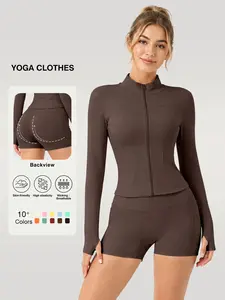Women's Sporty Clothing Set, Long Sleeve Jacket + High Waist Shorts, Quick Dry, Slim-Fitting, Solid Color, 10 Colors Available, Sports Zipper Suit