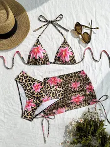Women's Floral Print Bikini Set, Flower Print Bikini, Lace-Up Triangle Swimsuit, Sexy Beachwear, Casual Fitted Swimwear, All Seasons