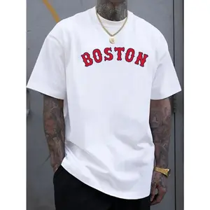 [S-5XL]Men's Boston-Inspired Casual Tee - Cool, Comfortable & Stylish Letter Print Short Sleeve Shirt for Summer, Boston-inspired, Casual, Summer, Conventional Version, Leisure Style, Four Seasons
