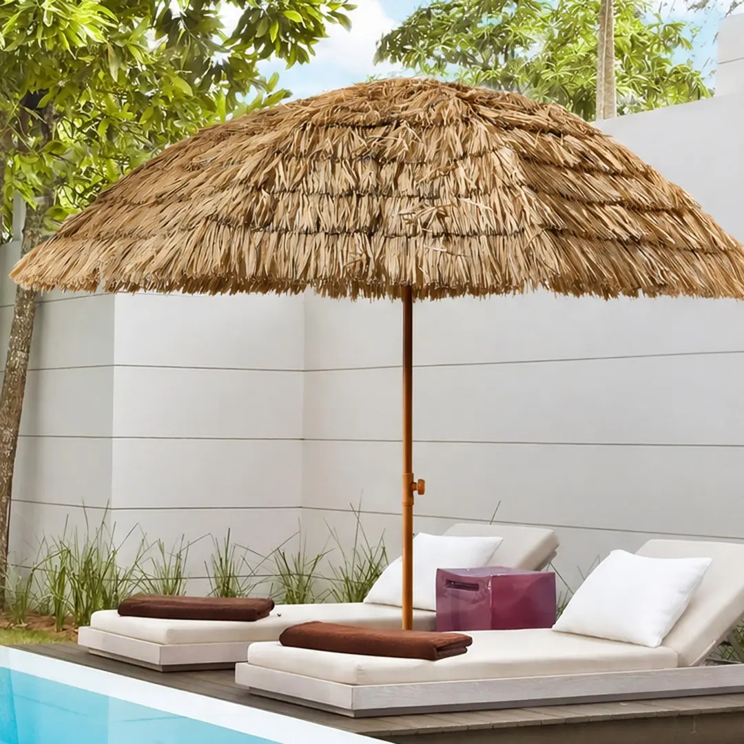 ARCH 8ft Diameter Canopy Sturdy Half-Circle Thatch Patio Tiki Umbrella, Tropical Palapa Raffia Straw, Brown Oxford Fabric, Manual Tilt, Easy Open, Rustproof Steel Pole, No Foundation Needed, Adjustable, Sun Protection, Backyard Outdoor Use, Hawaiian, Outd