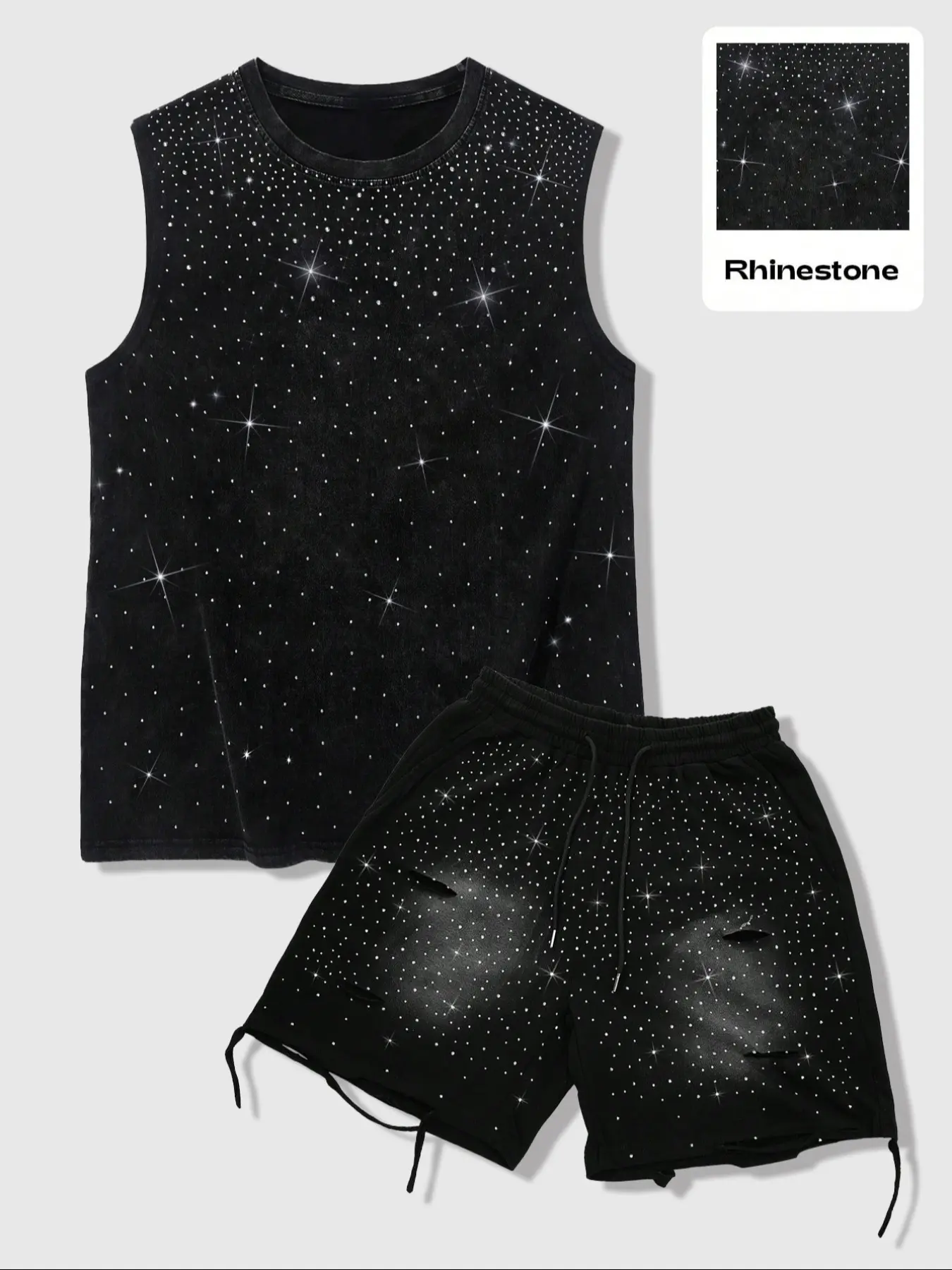 Y2K Street Style Rhinestone Top & Shorts Set, Unisex Hip Hop Trendy Streetwear, Sporty Chic Outfit, Casual Summer Fitted Sportswear, Lightweight Summer Activewear, Moderate Fabric, Fitted Silhouette, Sports Outfits