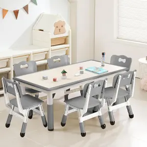 Gaomon Kids Table and Chairs Set, Height-Adjustable Toddler Activity Art Table with 6 Seats, Graffiti Desktop, Non-Slip Legs, 330lbs Max Load for Ages 2-10, Ideal for Home & Classrooms, Activity Desk, Curved Backs