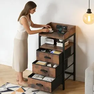 Rustic Brown Nightstand with Charging Station, 2 USB Ports, 3 Fabric Drawers, Sturdy Frame, Adjustable Design & Easy Mobility for Bedroom Storage, Safe Bedside Cabinet