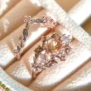 Champagne Fairy Gemstone Ring Set Bridal Rings Rose Flower Ring engagement rings rings for women radiant cut ring engagement promise rings for gf rings set wedding ring sets