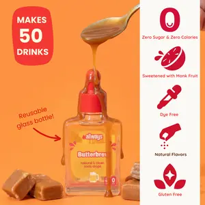 Allways Drops Butterbrew Soda Drops | Zero Sugar Caramel & Butterscotch Naturally Flavored, Zero Calories, Monk Fruit Sweetened | Glass Bottle for On-the-Go Hydration | Kids & Adults | 50 Servings