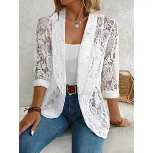 Womens Chic Floral Lace Blazer - Sophisticated Layered Look - Long Sleeve, Open Front - Perfect for Casual or Workwear