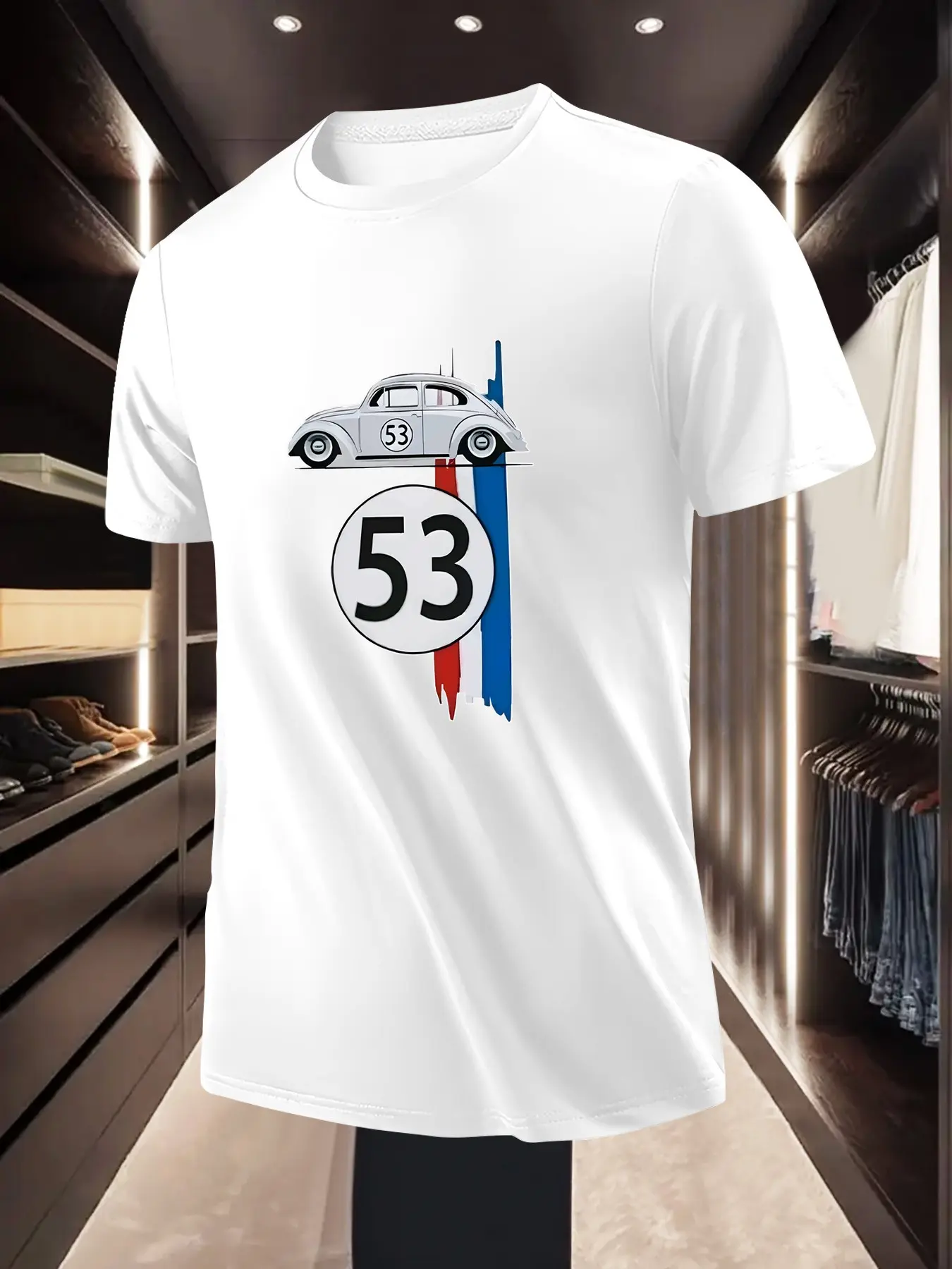 Simple Fashion Men's Classic Volkswagen Beetle Car Geometric Printed Short Sleeve T Shirt for Daily Casual Wear