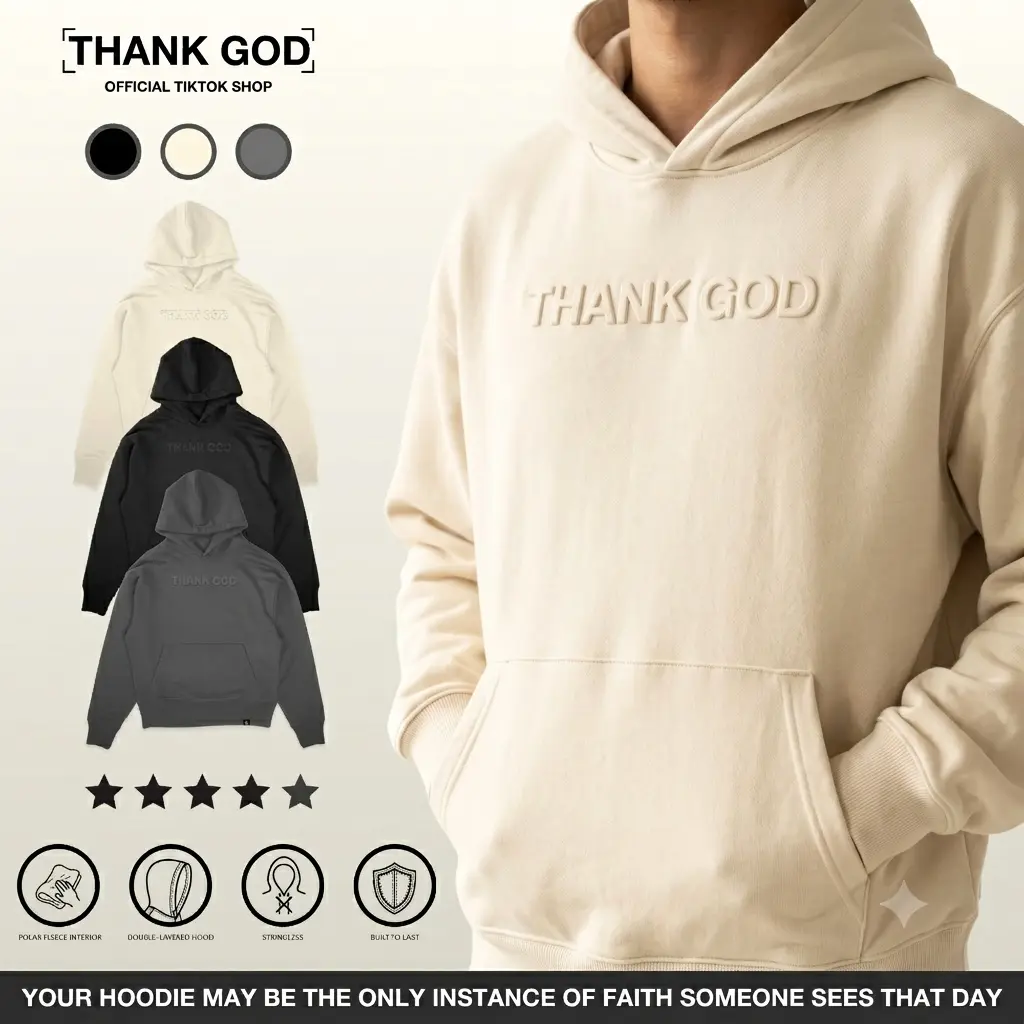 Christian Embossed Hoodie - Unisex Heavyweight Pre-Shrunk Cotton-Polyester Blend Long Sleeve Sweatshirt, Minimalist Thank God Embossing Design, Sweatshirts, Faith Message
