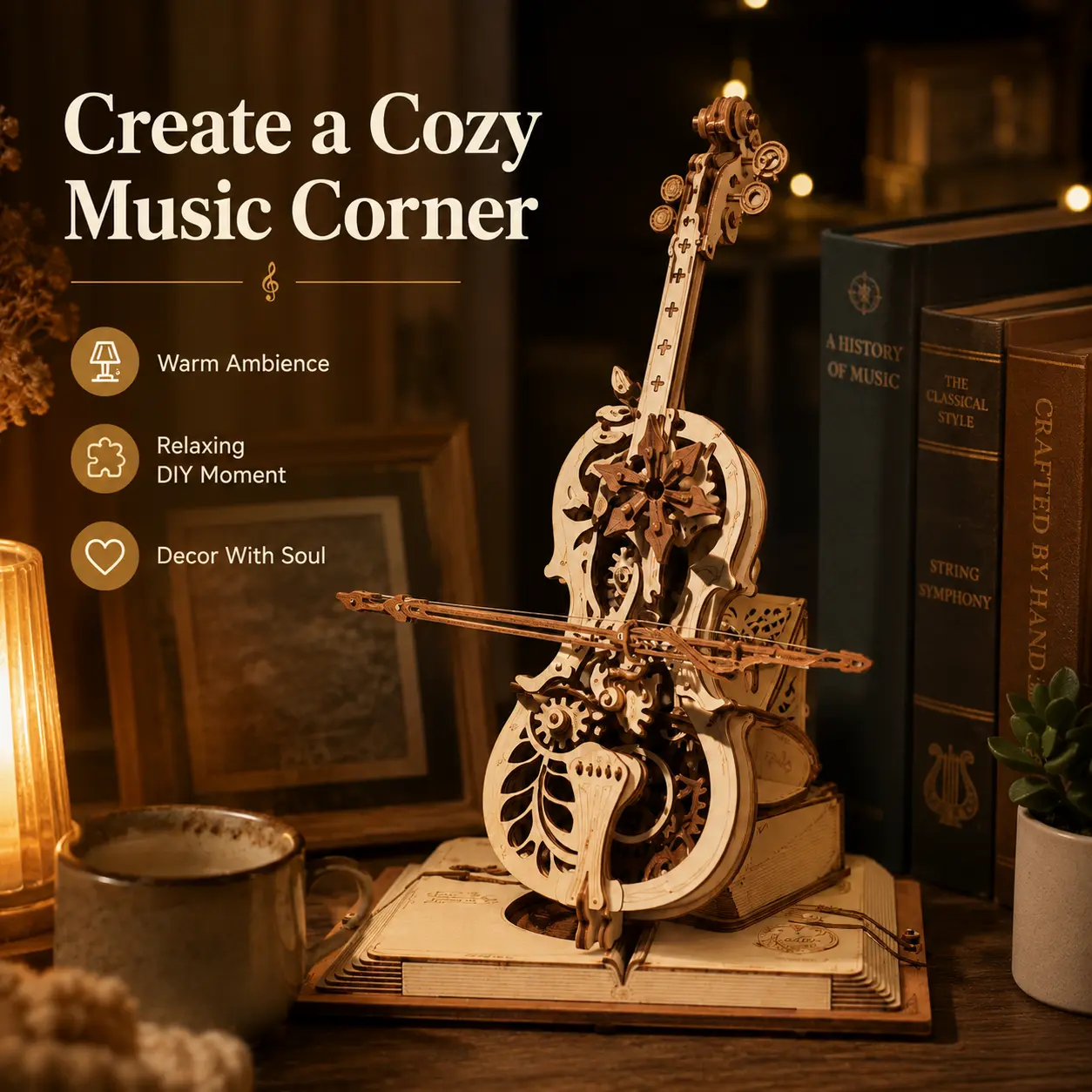 ROKR Vintage Cello 3D Wooden Building Block Puzzle - DIY Mechanical Gear Music Box Crafts Kit, Room Accessories, Graduation Fun Gift for Classical Music Lovers, Stress Relief Desk Decor Toy