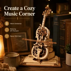 ROKR Cello Wooden Music Box Kit - Handmade 3D Puzzle, Puzzle Blocks, STEM Build Kit, Stress Relief Toy, Graduation Gift for Adults