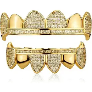 18K Gold Plated Vampire Fangs Teeth Caps Iced Out CZ Top and Bottom Vampire Fangs Grillz for men women with Extra Molding Bars Included