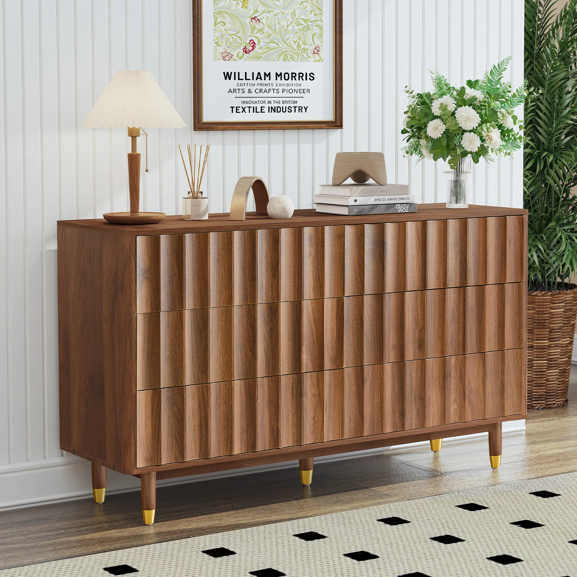 FurSch Mid-Century Modern 6-Drawer Dresser with Fluted Wood Design, 53" Storage Chest for Bedroom, Living Room, or Entryway