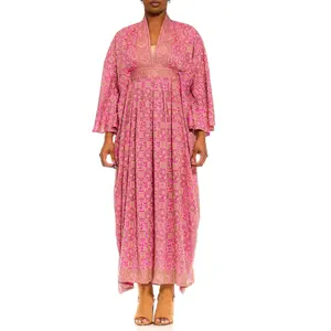 MORPHEW COLLECTION Lilac & Green Silk Geometric Paisley Kaftan Made From Vintage Saris