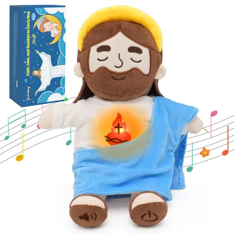 Yelakey Adorable Haloed Breathing Jesus Figure Plush Toy - Battery-Powered Cuddly Doll with Light, Sound, Durable Soft Fabric, Unisex Christian Catholic Religious Interactive Stuffed Animal Gift for Birthday