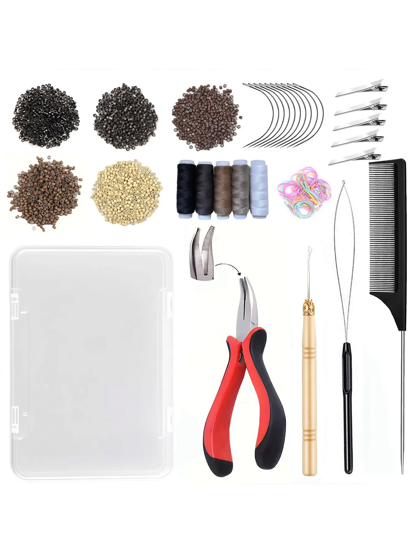 Hair Extension Tool Kit, 500 Silicone Lined Micro Beads, 1 Plier, 1 Threader, 1 Crochet Hook, 10 Curved Hair Pins, 5 Hair Clips, 5 Rolls of Sewing Thread, 1 Pack of Rubber Bands and 1 Storage Box, Beginner's Hair Extension Starter Set, Hair Tools