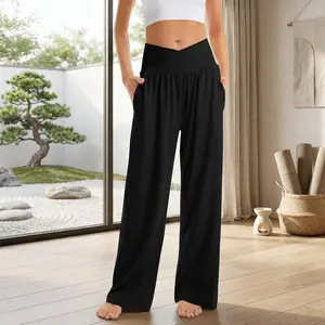 Women's High-Waisted Wide Leg Yoga Pants - Crossover Design, Lightweight Stretchy Fabric, Breathable, Loose Flowy, with Pockets, Ideal for Home Relaxation, Daily Wear