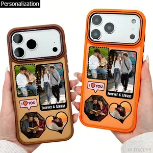 Custom Your Own Photo Pattern Phone Case for iPhone 17 Pro Max 17Air 17e 16 Plus 16e 15 14 13 12 11 Color Blocking Button and Camera Frame Design Shockproof Skin Feel Shell Combination Design of 4 Images