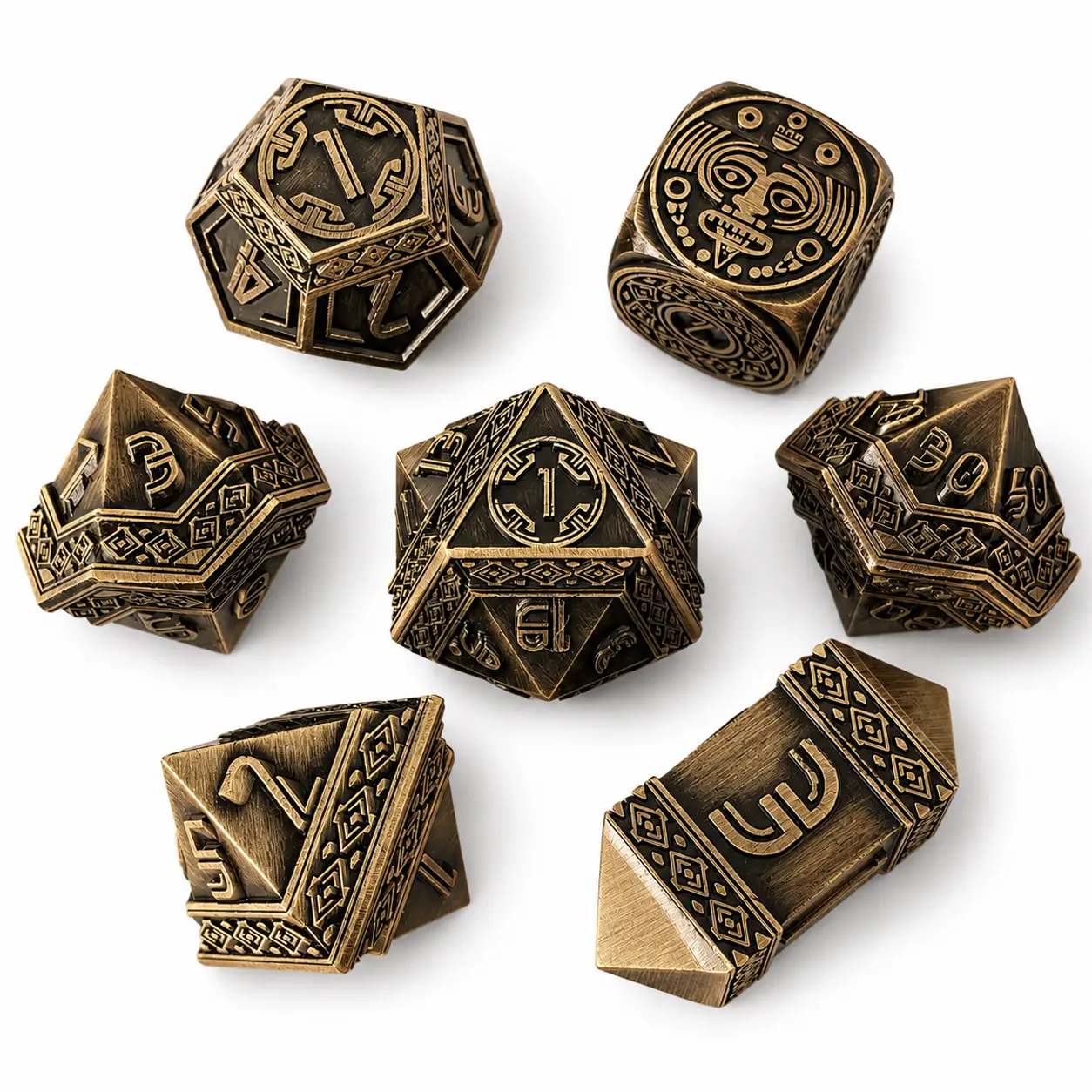 SVOPES Tzolkin Metal DND Dice Set, 7-Piece Polyhedral RPG Dice for Dungeons & Dragons and Tabletop Roleplaying Games, Heavy Zinc Alloy Mayan Aztec Inspired Dice with Collector Box