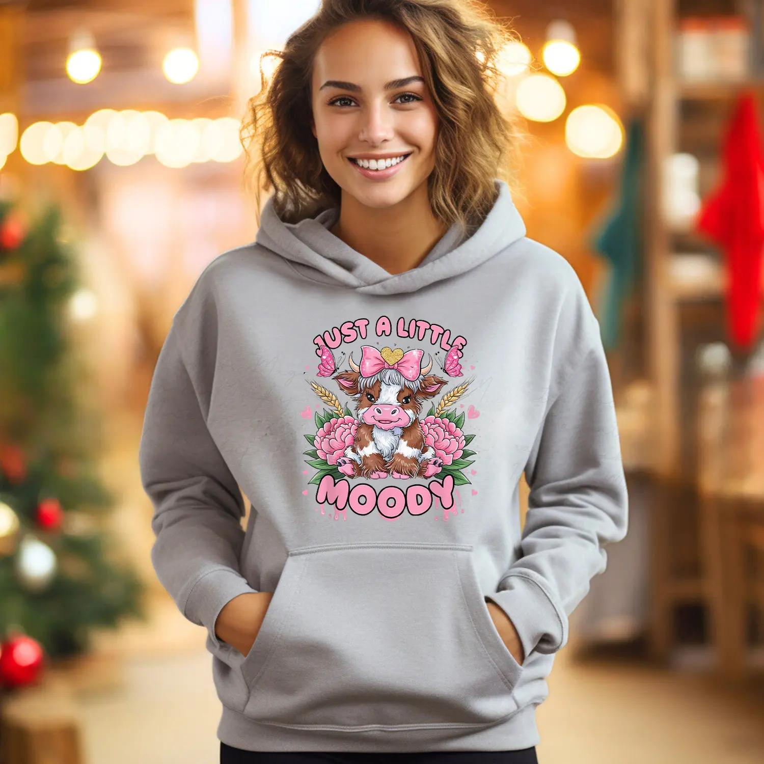 Highland Cow Just A Little Moody Flower Funny Farm Farmer Hoodie