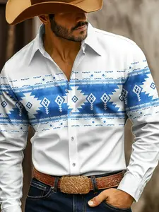 Men's Geometric Aztec Ethnic Casual Fitted Shirt, Western Cowboy Shirt Denim Long Sleeve, Vintage Outdoor Camping Hiking Hunting Spring Fall Lapel 3D Print Button Shirt Menswear