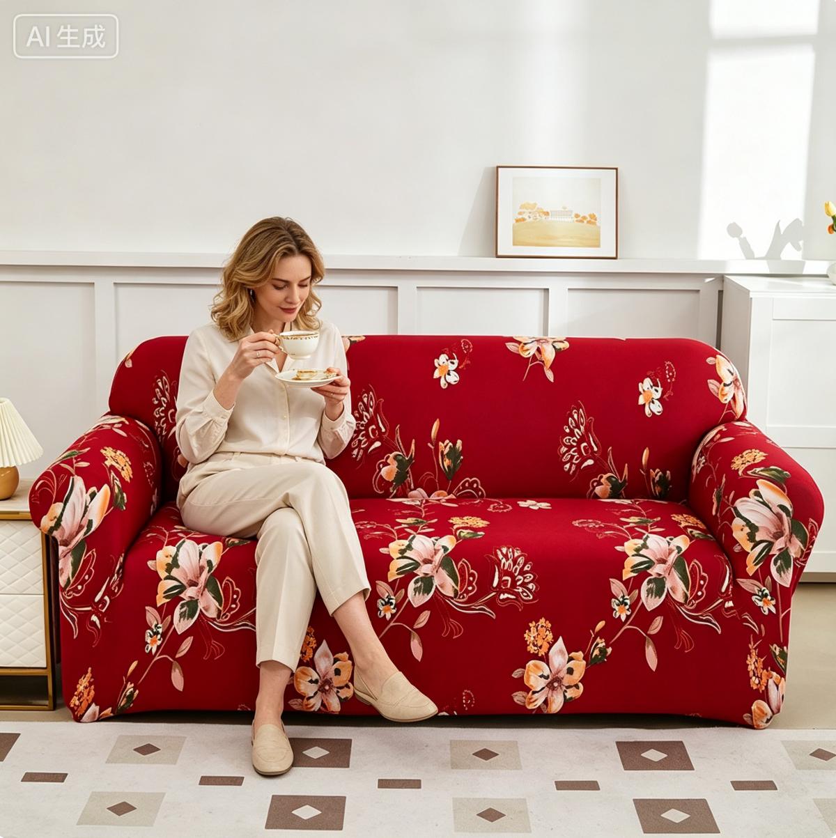 Bold Red Floral Stretch Sofa Cover | Form-Fitting Slipcover for Boho & Cottage Vibes