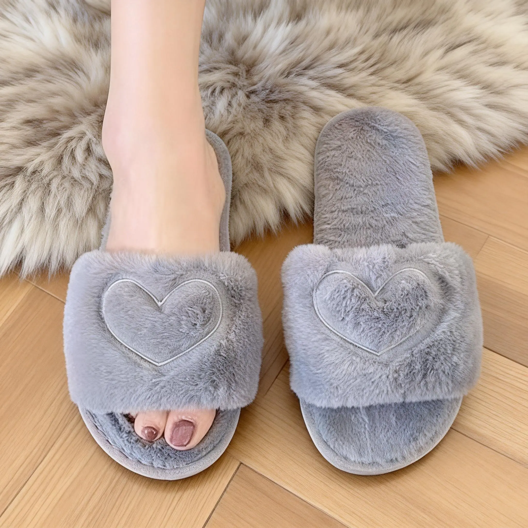 Women's Heart Embroidered Fuzzy Flat Slippers Soft Plush Linling Bedroom Slippers Wide Band Cute Warm Slippers For Fall Winter Footwear For Women Gift Trending Shoes Perfect Cute Christmas Gift Idea Trendy